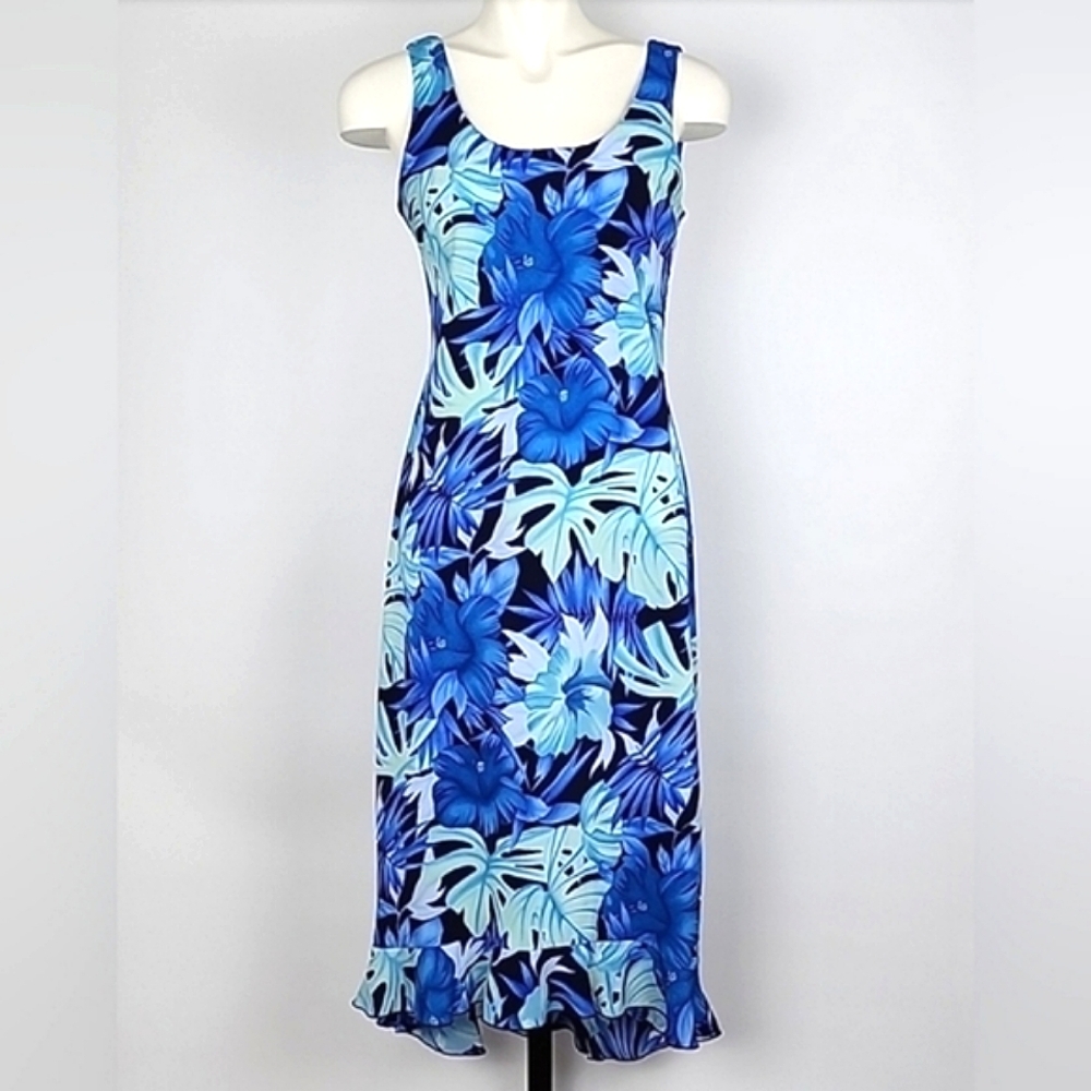 Jessica Blue Sleeveless Long Lightweight Dress Tropical Print Ruffle Hem Sz M